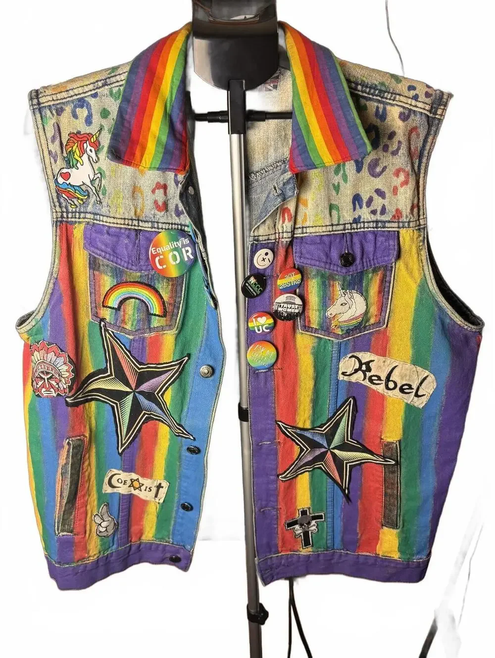 Rainbow Steel Panther pride Denim Vest with Patches and Pins custom made sz XL - Picture 2 of 2